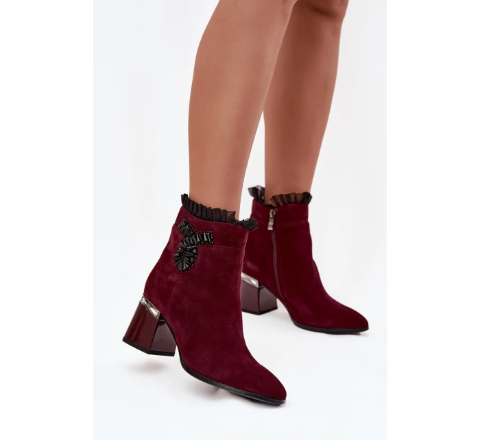 Semišové kožené dámské kotníkové boty na podpatku s ozdobou vyhřívané D&A MR52-127 bordó