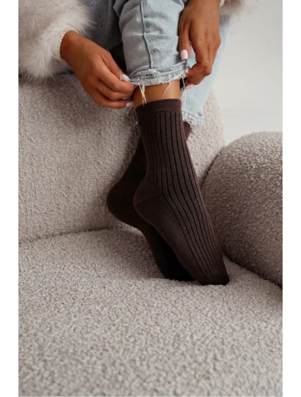 Dámske froté ponožky s prúžkami - čokoládové Dámske froté ponožky s prúžkami - čokoládové
