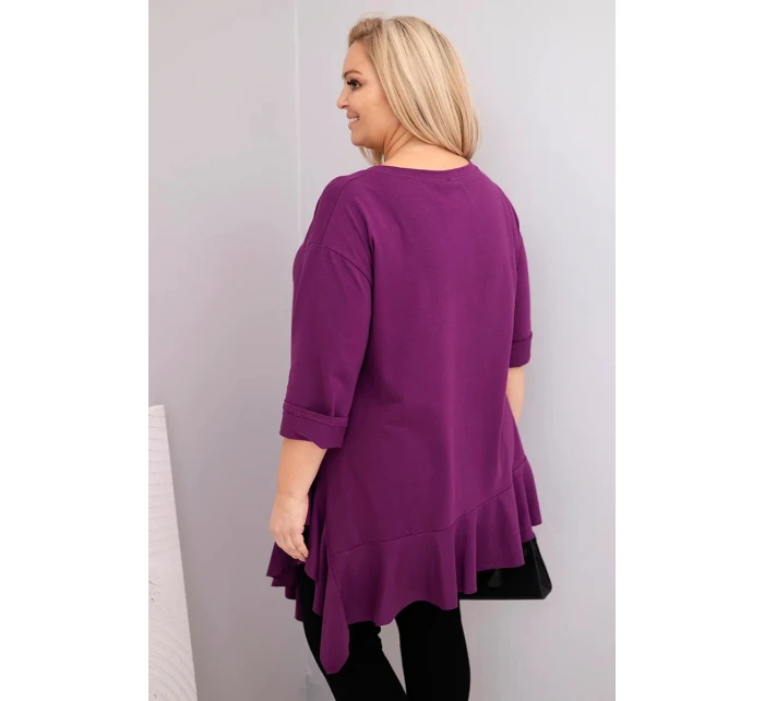 Dámske Plus veľkosť blúzka s bavlnou a volánik a roll-up rukávy tmavo fialová
