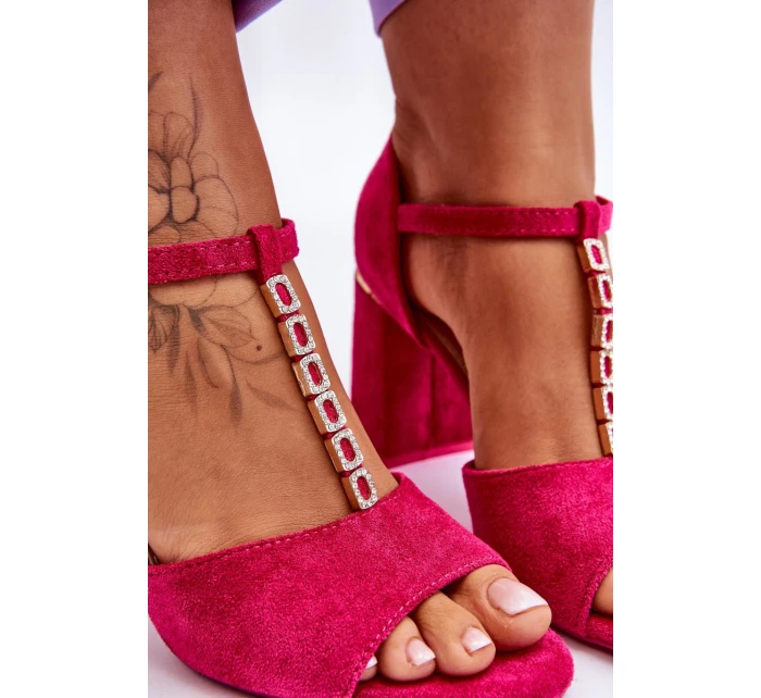 Zamszowe Sandały Na Obcasie Z Cyrkoniami Fuksja Aniya