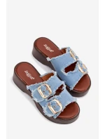 Dámské pantofle na platformě se zlatými sponami modré Renelisse