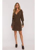 model 21484554 Zavinovací svetrové šaty s vázáním karamelové - Moe