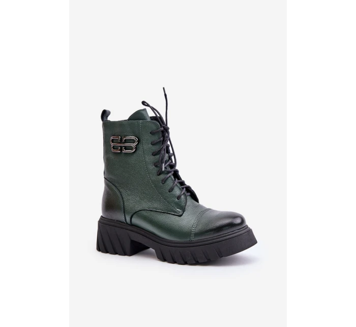 Zazoo 60486 Skórzane Botki Workery Ocieplane Ciemnozielone