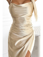 DIANE - Dlouhé béžové dámské saténové šaty s rozparkem na noze 483-2