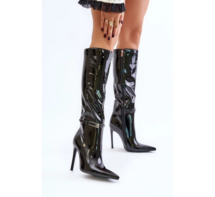 Kozaki Lakierowane Ocieplane Na Szpilce Z Klamrą Czarne Tameliae