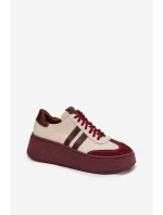 Skórzane Sneakersy Damskie Na Platformie Zazoo 3775 Beżowo-Bordowe