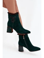 Semišové kožené dámské kotníkové boty na jehlovém podpatku s ozdobou vyhřívané model 21718444 tmavě zelená - D&A