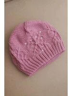 Dámská zimní čepice z vlny a pletením s perličkami tmavě růžová model 21783057 - K-Fashion