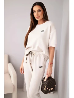 Dámsky maslový viskózový set s krátkym rukávom a nohavicami s ohrnutým lemom béžovej farby