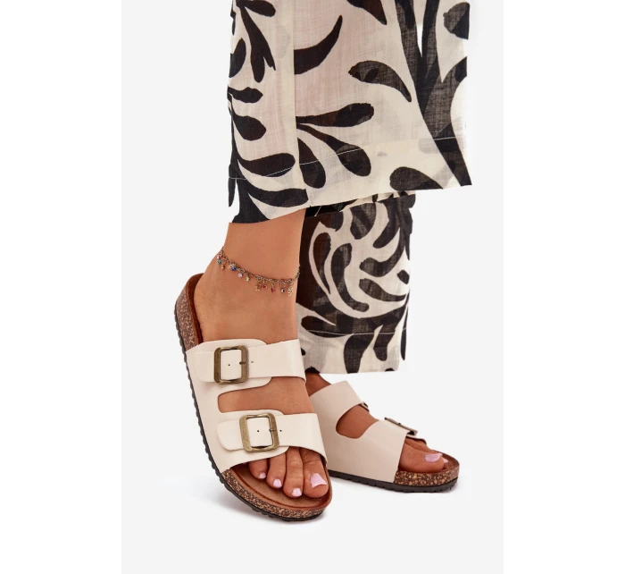 Damskie Klapki Na Korkowej Platformie Z Klamrami Beżowe Vesina