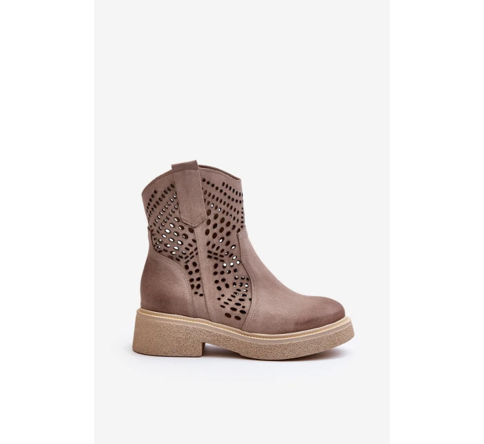 Zazoo 3470 Zamszowe Botki Damskie Na Płaskim Obcasie Ażurowe Cappuccino