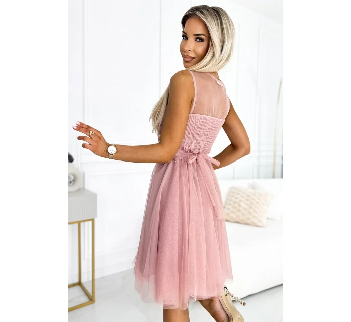 522-1 CATERINA Dámske šaty s gipurom a jemným tylom - Powder Pink 522-1 CATERINA Dámske šaty s gipurom a jemným tylom - Powder Pink