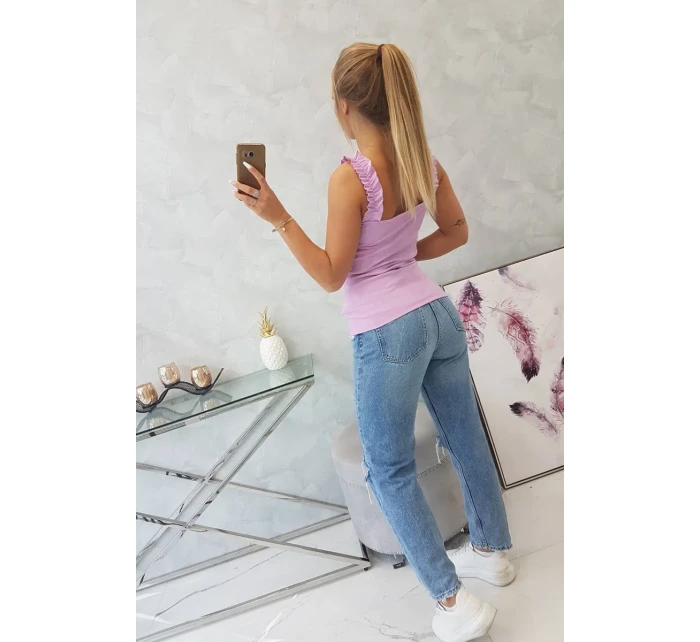 Halenka bez ramínek s volánky ve fialové barvě Halenka bez ramínek s volánky ve fialové barvě