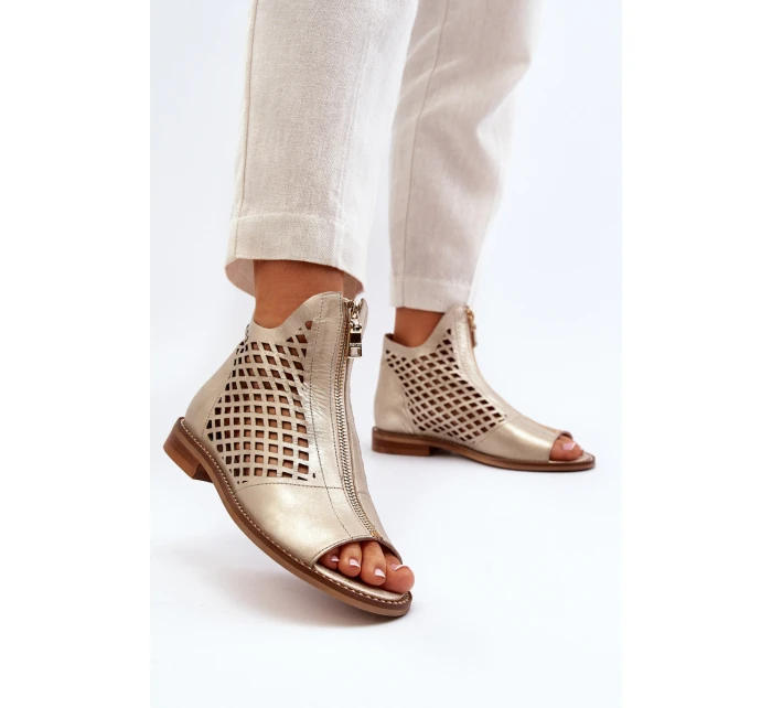 Zazoo 977/L Skórzane Ażurowe Sandały Na Zamek Złote