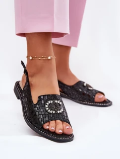 Skórzane Sandały Z Ozdobą Na Płaskim Obcasie S.Barski KV51-096 Czarne