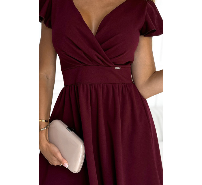 MATILDE - Dámske šaty vo vínovej bordovej farbe s výstrihom a krátkymi rukávmi 425-4