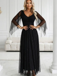 655-1 Dlhé svetlé trblietavé šaty s výstrihom a priehľadnými rukávmi - čierne