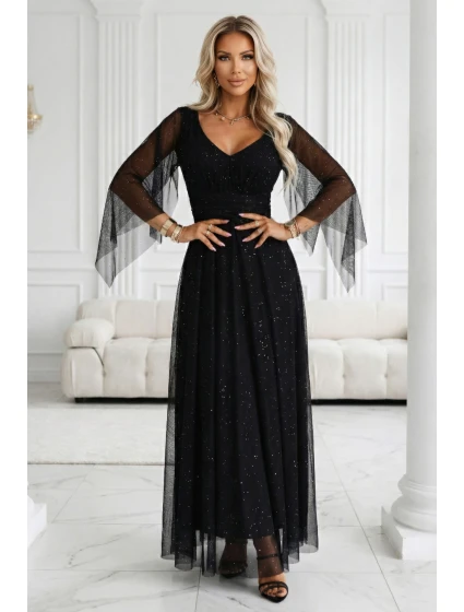 Dlouhé lehké třpytivé šaty s výstřihem a rukávy černé model 21802210 - numoco basic Dlouhé lehké třpytivé šaty s výstřihem a rukávy černé model 21802210 - numoco basic