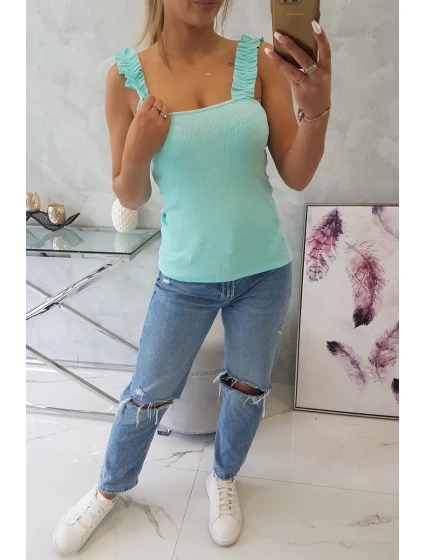 Blúzka bez ramienok s volánikmi v mätovej farbe