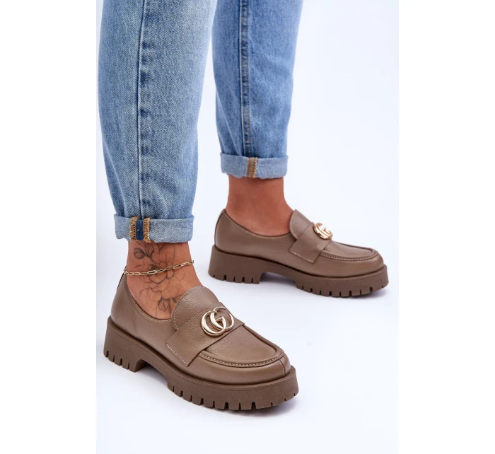 Damskie Półbuty Skórzane Z Ozdobą Ciemnobeżowe Rosefalls