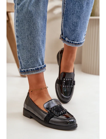 Lakierowane Mokasyny Damskie Z Ozdobą Czarne Vinceza 58389