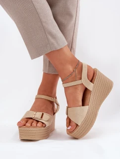 Sandały Damskie Na Koturnie Z Klamrą Khaki Liniella