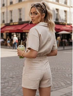 Dámske krátke džínsové overaly s gumou v páse, béžové, FashionStreet EY2689 Dámske krátke džínsové overaly s gumou v páse, béžové, FashionStreet EY2689