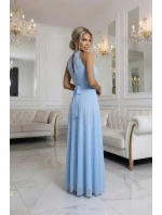 Elegantní maxi večerní šaty na ramínka s a zavazováním v pase modré model 22004204 - numoco basic Elegantní maxi večerní šaty na ramínka s a zavazováním v pase modré model 22004204 - numoco basic