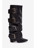 Kozaki Damskie Na Słupku Z Wywiniętą Cholewką I Złotymi Klamrami Czarne Isavelle Kozaki Damskie Na Słupku Z Wywiniętą Cholewką I Złotymi Klamrami Czarne Isavelle