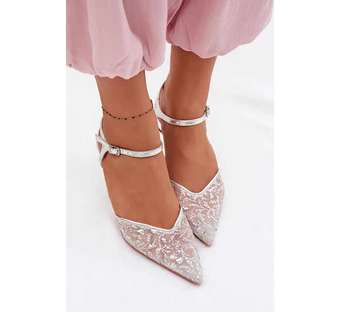 Dámské síťované sandály na jehlovém podpatku se třpytivým zdobením Stříbrné Laria