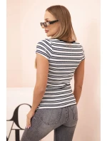 Dámská bavlněná žebrovaná halenka s výstřihem a ozdobným model 22014275 tmavě modrá - K-Fashion