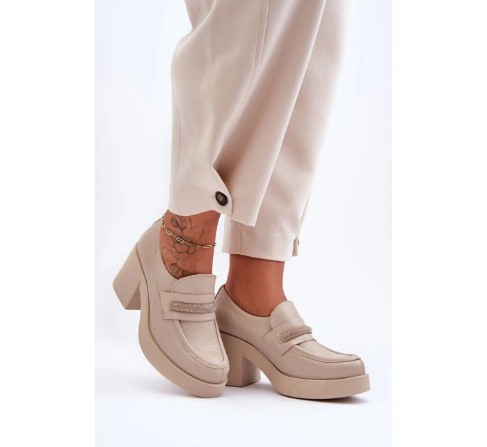 Skórzane Półbuty Na Słupku Z Ozdobą Beżowe Lemar Gelanor Skórzane Półbuty Na Słupku Z Ozdobą Beżowe Lemar Gelanor