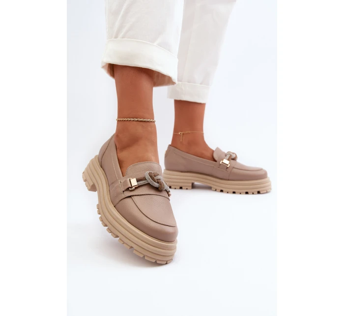 Skórzane Mokasyny Damskie Z Ozdobą Laura Messi 2780 Ciemnobeżowe