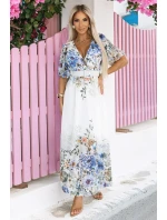 613-1 CELINA Vzdušné maxi šaty s obálkovým výstrihom, opaskom a kvetinovým ombre - MODRÁ 613-1 CELINA Vzdušné maxi šaty s obálkovým výstrihom, opaskom a kvetinovým ombre - MODRÁ