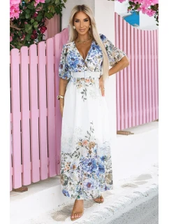 613-1 CELINA Vzdušné maxi šaty s obálkovým výstrihom, opaskom a kvetinovým ombre - MODRÁ