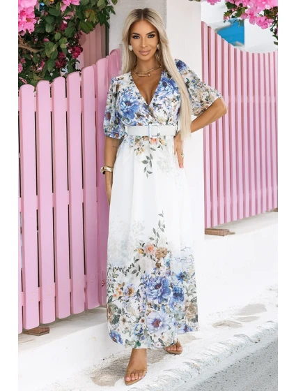 613-1 CELINA Vzdušné maxi šaty s obálkovým výstrihom, opaskom a kvetinovým ombre - MODRÁ 613-1 CELINA Vzdušné maxi šaty s obálkovým výstrihom, opaskom a kvetinovým ombre - MODRÁ