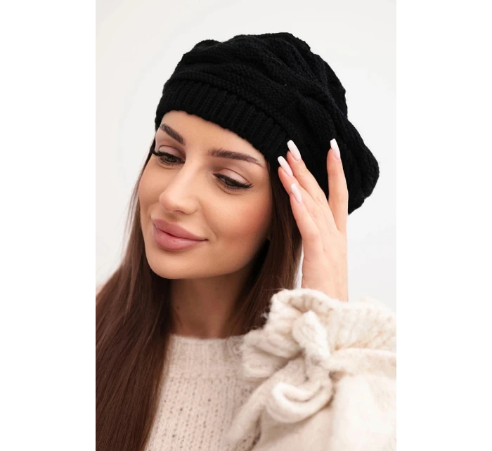 Dámská zimní čepice z vlny s ozdobným pletením a kamínky model 21878091 černá - K-Fashion