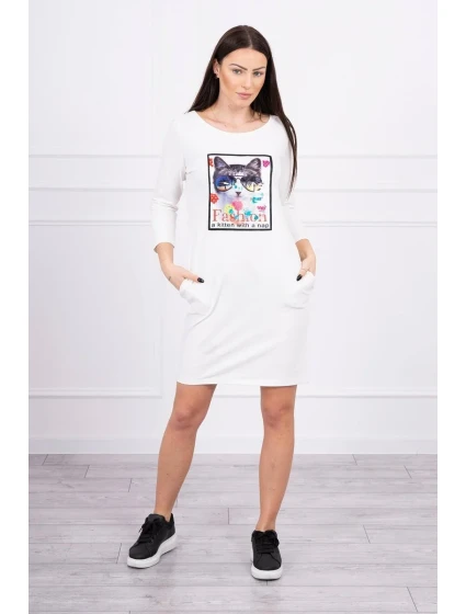 Šaty s 3D grafikou mačky ecru