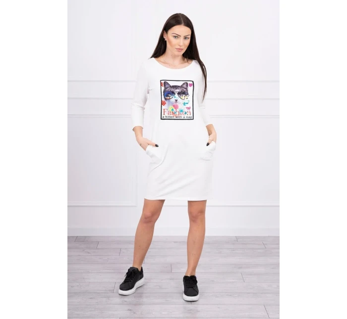 Šaty s 3D grafikou mačky ecru