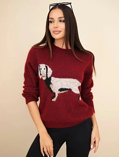 Dámský svetr s motivem model 22354205 a kulatým výstřihem bordó barvy - K-Fashion