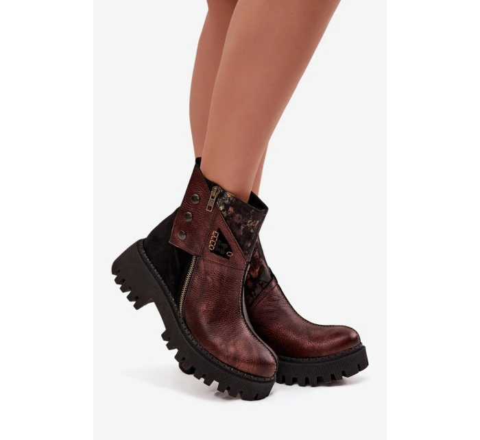 Kožené zateplené kotníkové boty na platformě a plochém podpatku model 21725100 hnědé - Maciejka