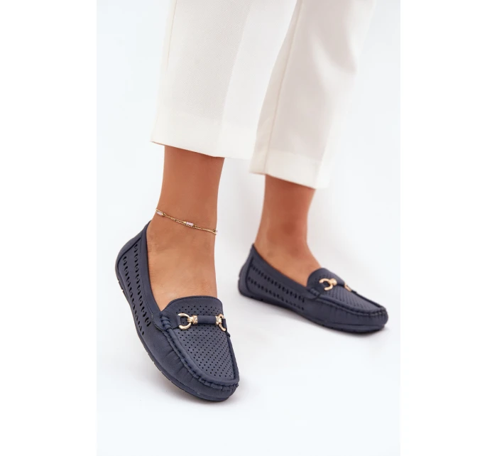 Mokasyny Damskie Ażurowe Z Ozdobą Granatowe Kaydance