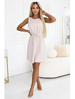 296-17 VICTORIA Trapézové šaty bez rukávov s opaskom - béžové