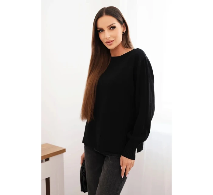 Dámsky viskózový sveter s dlhým rukávom a bočným rozparkom čierny