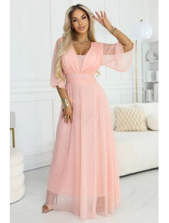 654-4 Dlhé trblietavé šaty nadmernej veľkosti s výstrihom a priehľadnými rukávmi - broskyňové