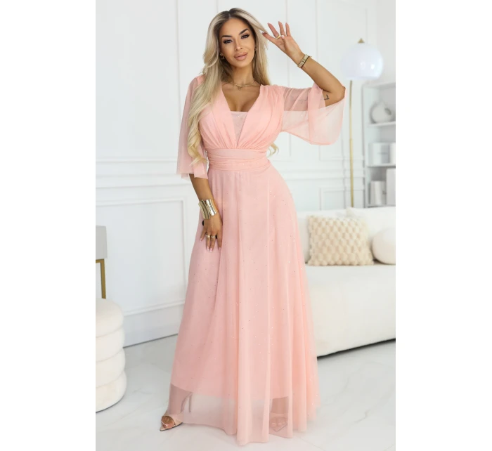 654-4 Dlhé trblietavé šaty nadmernej veľkosti s výstrihom a priehľadnými rukávmi - broskyňové