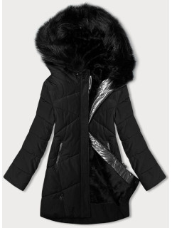 Čierna dámska zimná bunda s kožušinou (V715)