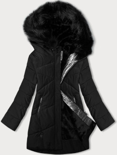 Čierna dámska zimná bunda s kožušinou (V715)