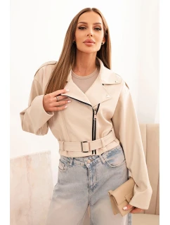 Dámská krátká bunda z eko kůže s páskem a límcem béžová