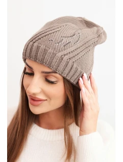 Dámská zimní čepice s vlnou a zdobením z kamínků model 21783039 mocca - K-Fashion